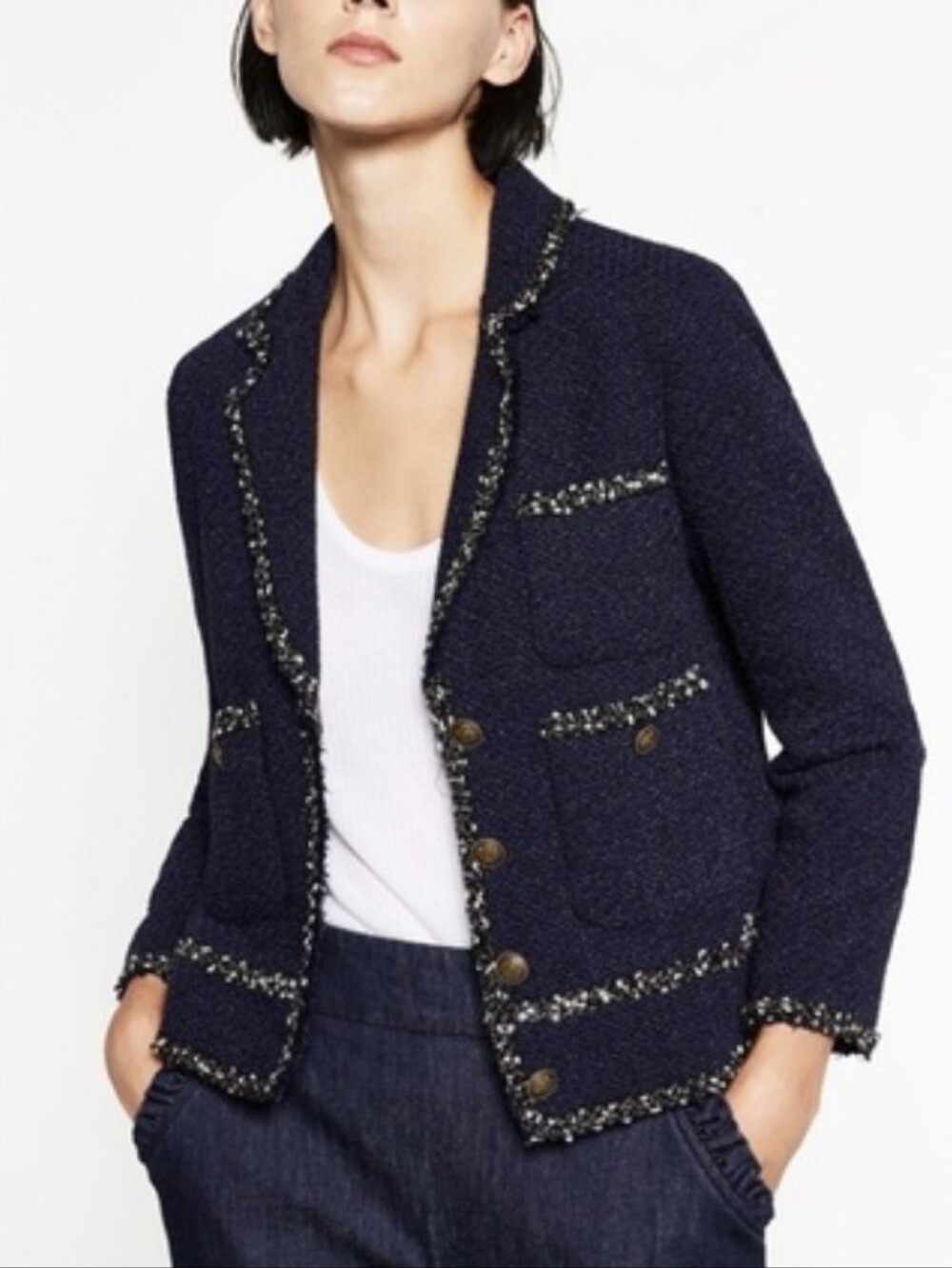 Zara Navy Textured Tweed Blazer with Trim